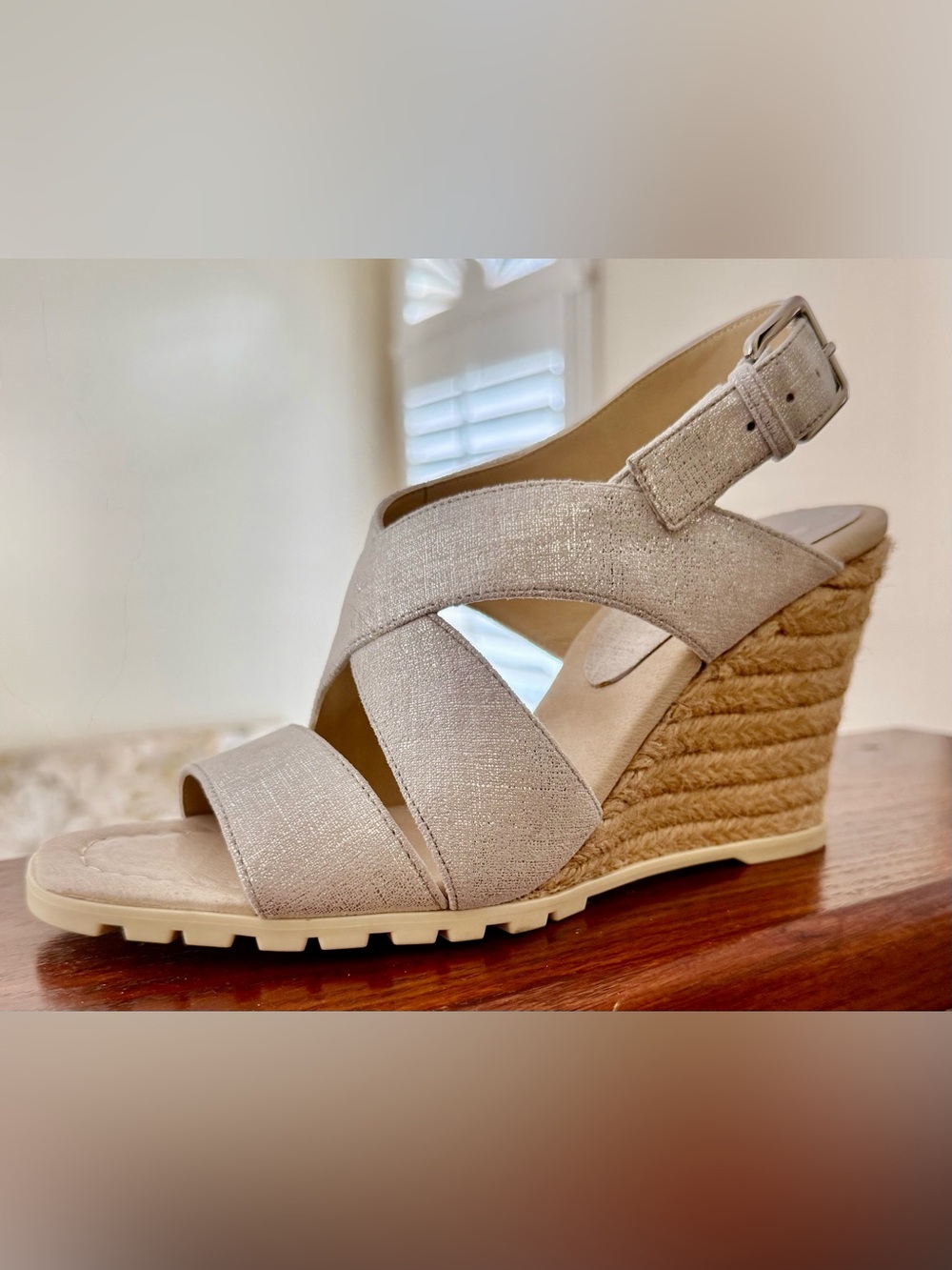 Tan Silver Espadrille Wedge Sandals